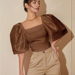Brown Puff Sleeve Blouse